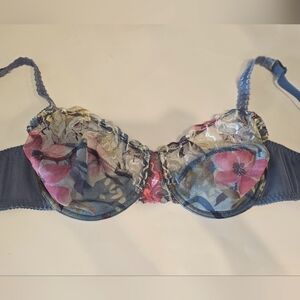 Vintage B.B. Curves 36e Ethereal Blue Muted Floral Sheer Demi Underwire bra